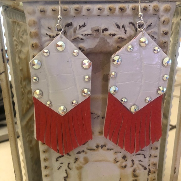 Jewelry - Fringe Faux Leather Rhinestone Earrings